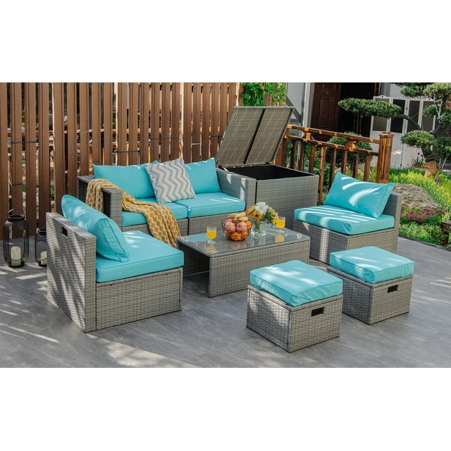 Patiojoy Ensemble de Mobilier de Patio en Rotin PE Toutes Saisons 8 Pcs, Ensemble de Canapé Sectionnel d'Extérieur Gain de Place avec Coffre de Rangement Turquoise