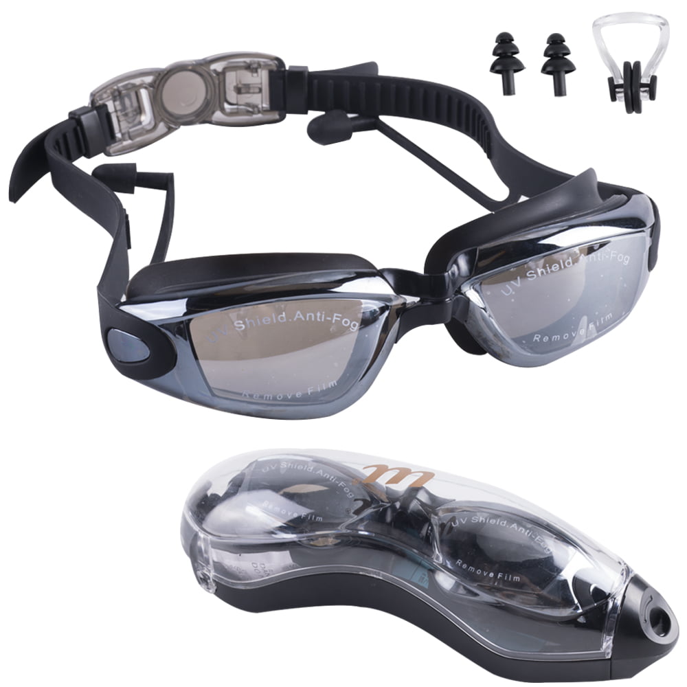 adult hard case shell wide lense w-protective film Swim goggles adjustable 