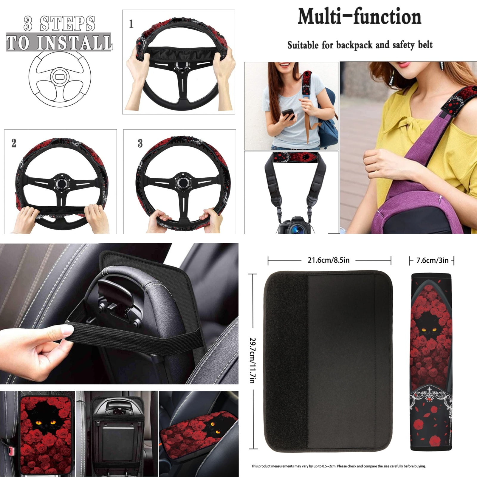 Jeiento Black Cat Car Seat Cover Full Set with Auto Floor Mats Steering Wheel Protector Non Slip Car Seatbelt Pads Armrest Cover Rose Coasters Lipstick Holder Keychain 17pcs Car Accessories Set