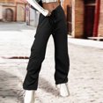 thumbnail image 4 of Besolor Women's Baggy Cargo Pants Low Rise Drawstring Straight Wide Leg Pants Casual Streetwear Trousers with Pockets, 4 of 8