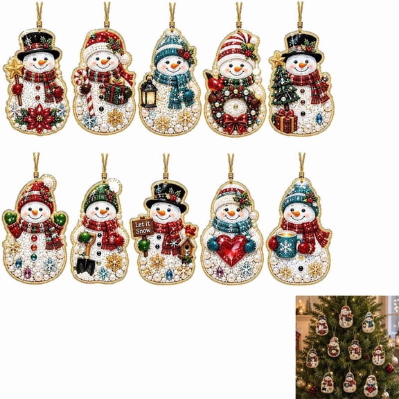 ALOEWXXR 10 Pcs Snowman Diamond Painting Christmas Ornaments, DIY Pearl Diamond Art Hanging Kit for Adults, Gem Art Christmas Tree Pendant Decor