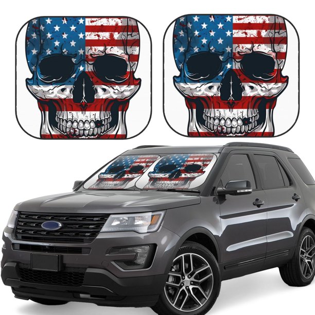 Balery American Flag Skull Parasol para parabrisas de coche de 2 piezas | Parasol plegable para parabrisas delantero de coche para la mayoría de sedanes-Small