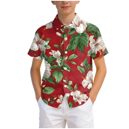 NOEGOEU Boys Hawaiian Shirt Short Sleeve Button Down Shirts Funny Graphic Tees Tops for Kids 2-13 Years (Red 10-11Years)