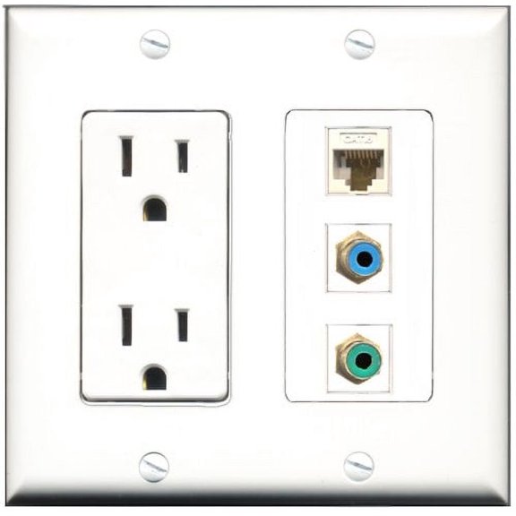 RiteAV - 15 Amp Power Outlet 1 Port RCA Green 1 Port RCA Blue 1 Port Cat6 Ethernet Ethernet White Decorative Wall Plate