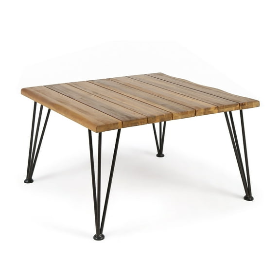 GDF Studio Avy Outdoor Acacia Wood Coffee Table with Hairpin Legs, Teak and Rustic Metal