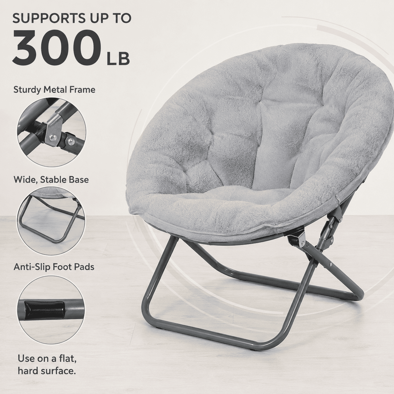 CLOUDREST PRO Soft Plush Folding Saucer Chair for Adults, Padded Round Lounge Seat, Metal Frame, 300 lb Capacity, Gray