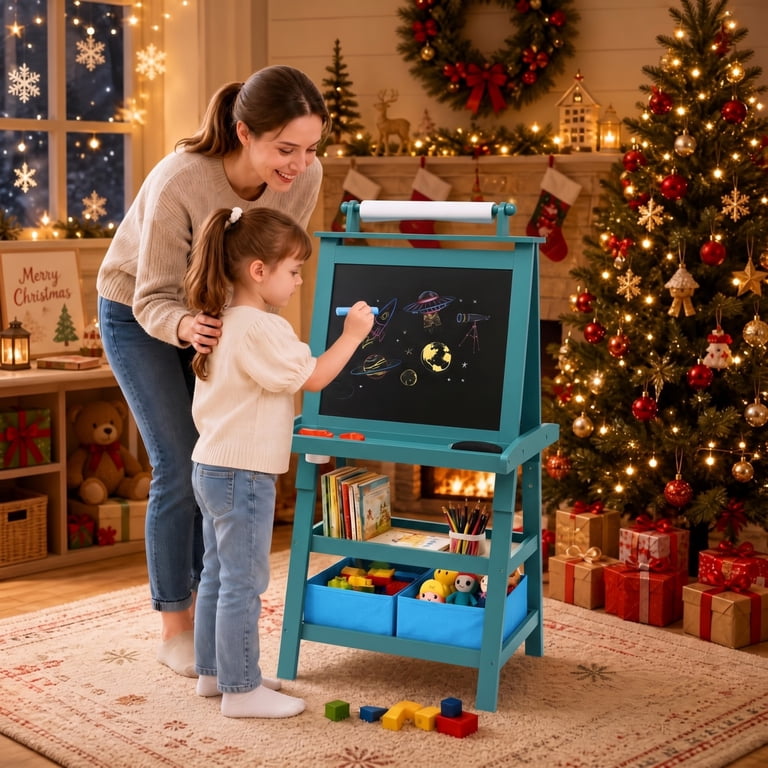 Costway 3-in-1 Double-Sided Wooden Kids Art Easel, Blue photo 2