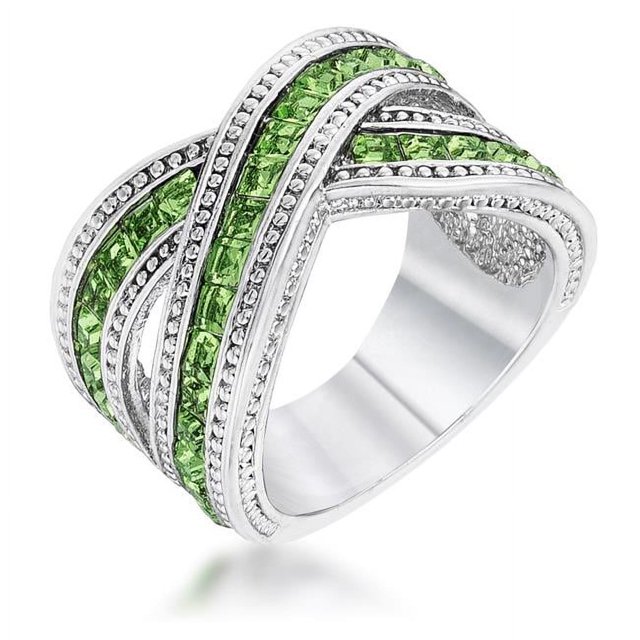 Precious Stars R07468R-C41-08 Precious Stars Rhodium Princess-Cut Green Cubic Zirconia Criss-Cross Ring