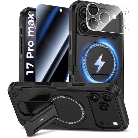 Dteck for iPhone 17 Pro Max Case with Privacy Tempered Glass Screen Protector & Camera Lens Protector, Compatible with MagSafe, Invisible Kickstand, Shockproof Phone Cover,Black