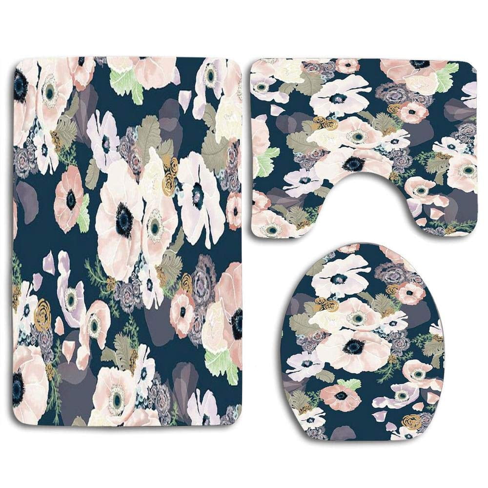 GOHAO Dark Blue Flowers 3 Piece Bathroom Rugs Set Bath Rug Contour Mat