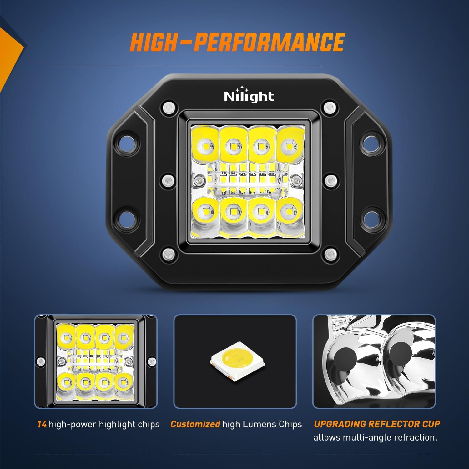 Nilight 4PCS 42W Flush Mount LED Pods Spot Flood Combo Beam Driving Backup Reverse Grill Mount Light with 16AWG LED POD Lights Wiring Harness Kit -4 Leads