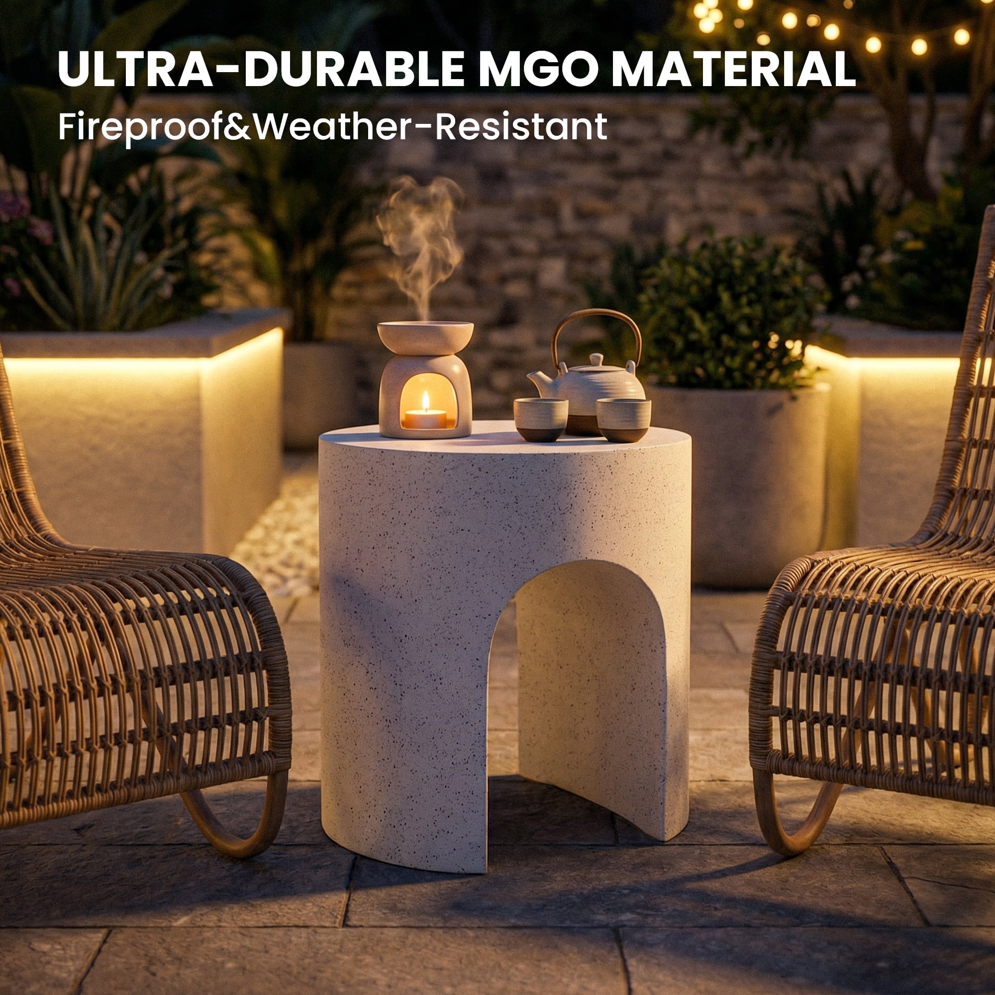 FOROUTIA 15.7" White Speckled Arch Side Table, Waterproof Magnesium Oxide Accent Table, Modern Indoor Outdoor End Table for Patio, Living Room, Bedroom, Small Space Stool