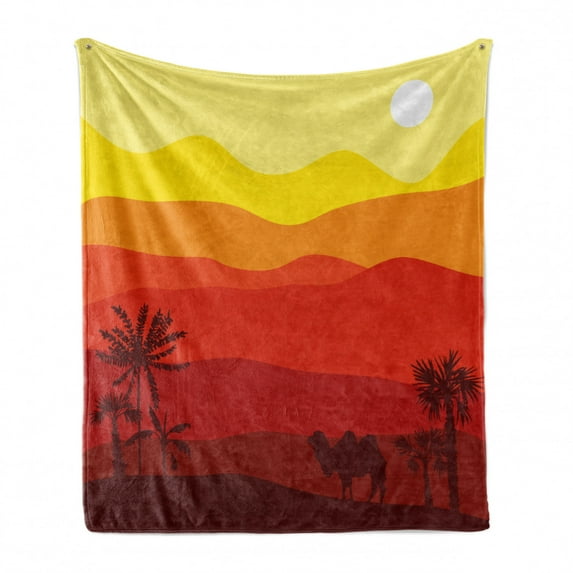 Landscape Soft Flannel Fleece Blanket, Abstract Exotic Dessert Outdoor Scene with Camel and Trees in Warm Colors Palette, Cozy Plush for Indoor and Outdoor Use, 70" x 90", Multicolor, by Ambesonne