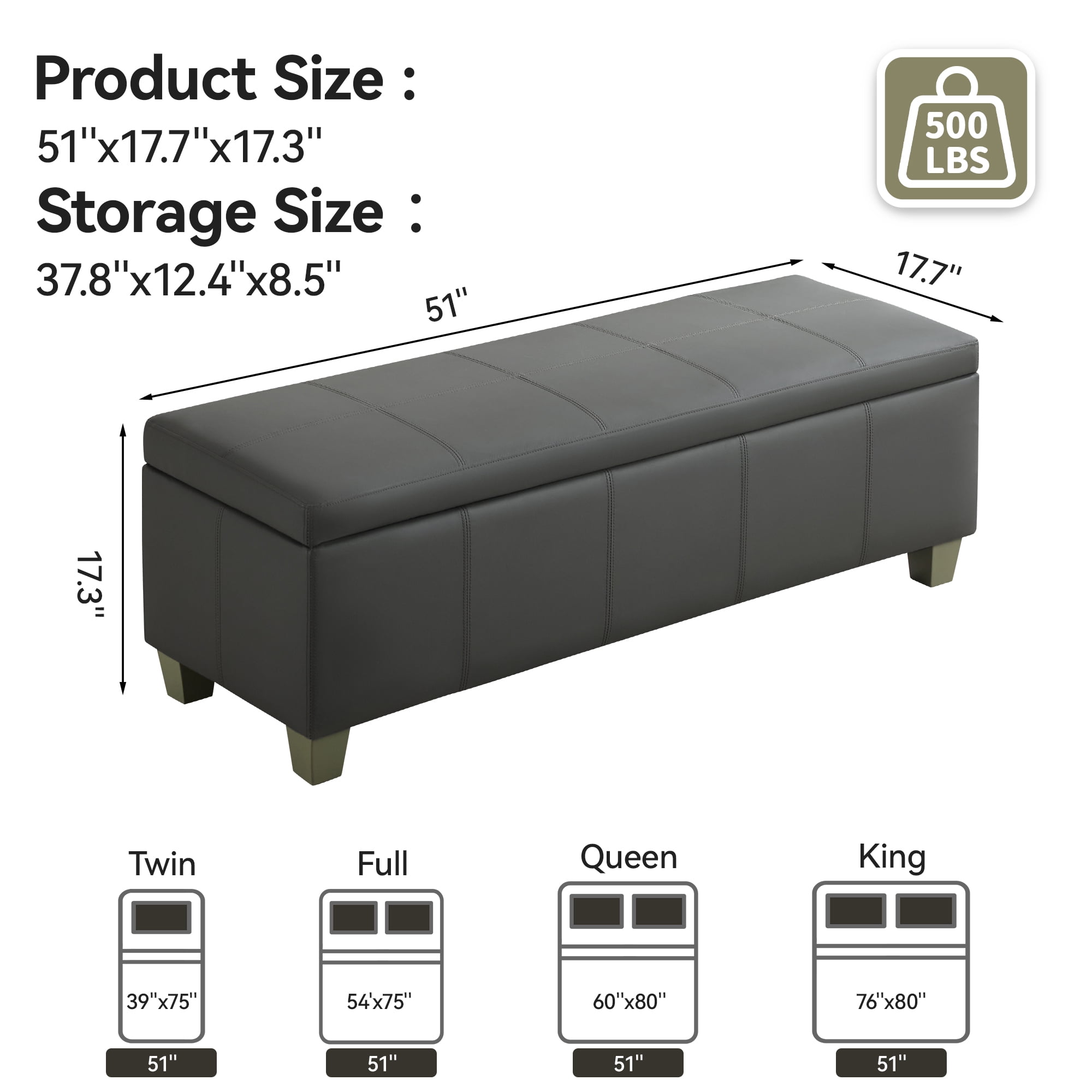 51" Faux Leather Storage Ottoman Bench with Wooden Legs, Tufted Upholstered Seat, Sturdy & Spacious for Bedroom, Entryway, Living Room, Dark Gray