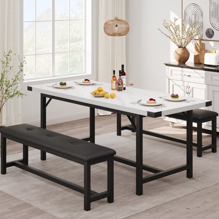 63 Extendable Dining Table Set for 4-6 People 3-Piece Kitchen Table Set with 2 Upholstered Benches Farmhouse Dining Room Table Set for Kitchen Living Room Apartment Marble White