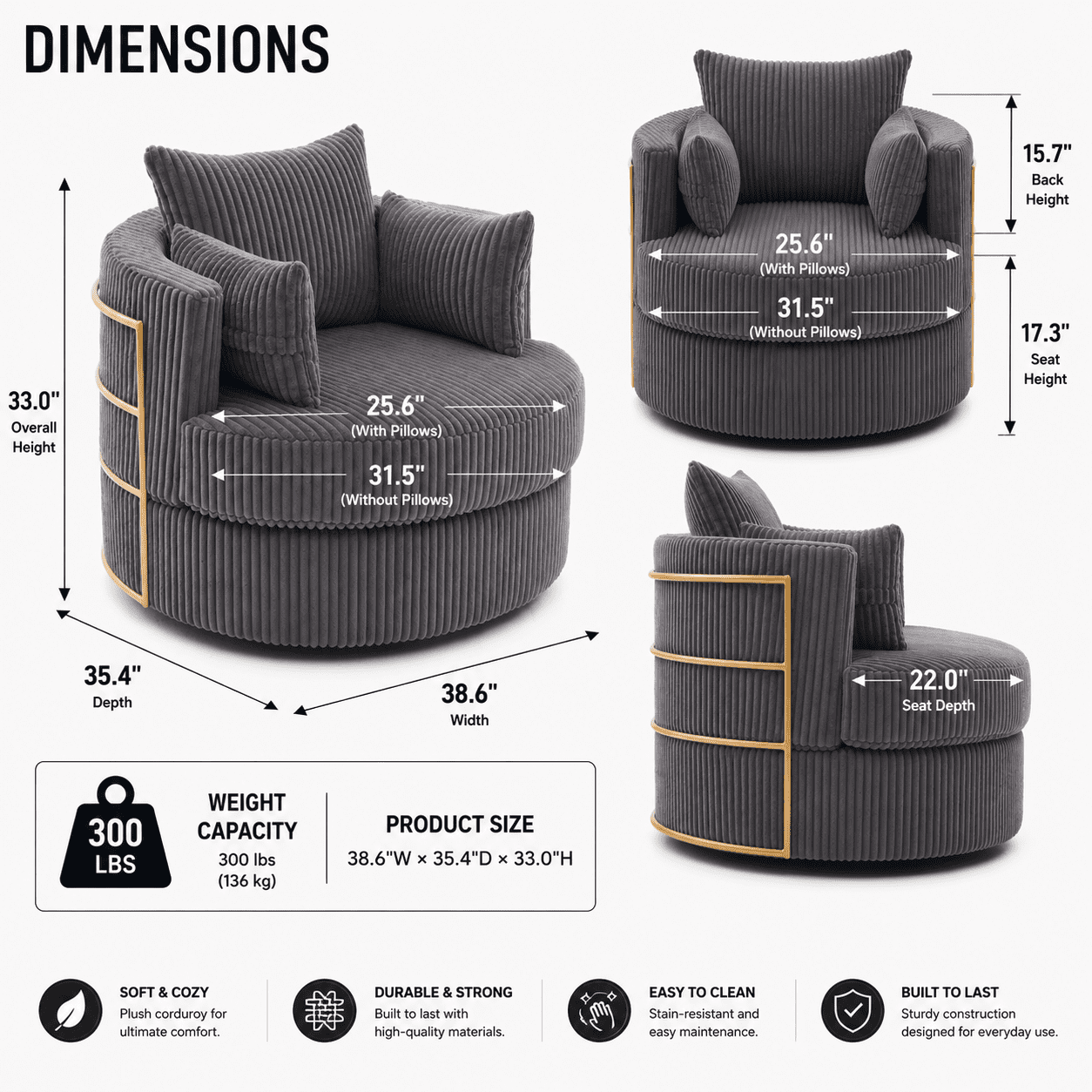 MOONMISS Swivel Barrel Accent Chair with Hidden Storage,Corduroy Round Single Sofa,Gold Metal Frame,for Living Room Reading Nook,Gray