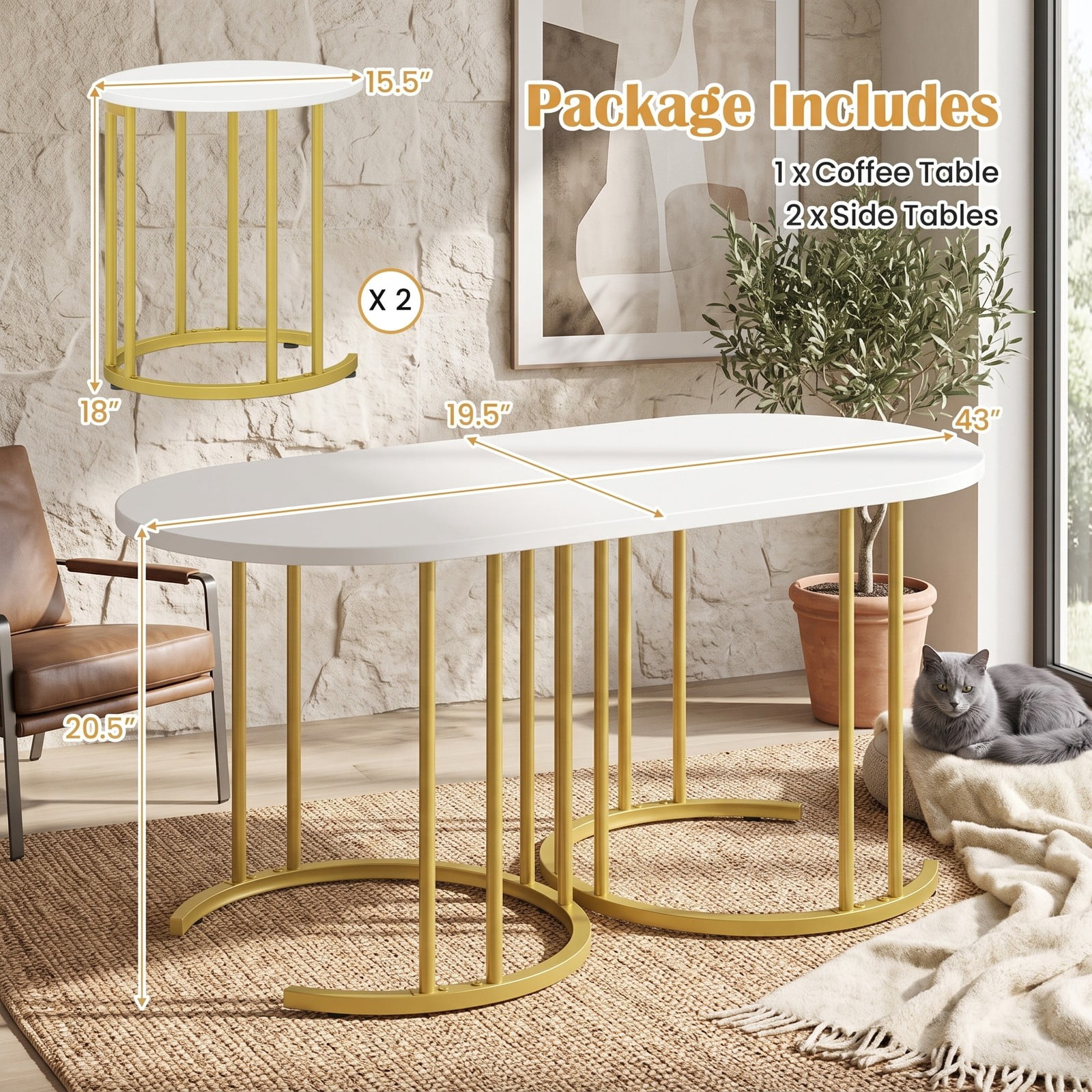 Furnibear Nesting Coffee Table Set of 3, Faux Marble Coffee Tables with Powder-Coated Gold Metal Frame, Modern Space-Saving Stackable End Side Tables for, White & Gold