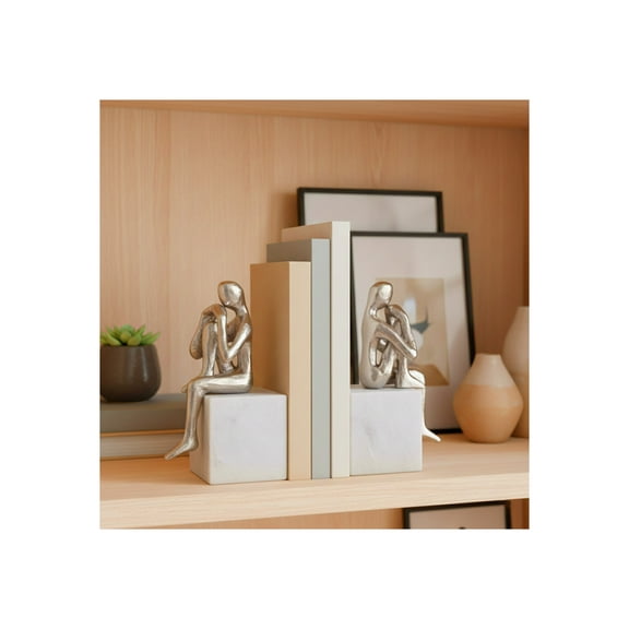 Sculptural Metal Sitting Figurine on Marble Base Bookends - Decorative Book Ends for Bookshelf, Book Accessories, and Entryway - Modern Office Desk or Home Library - Set of 2, 7", Silver & White