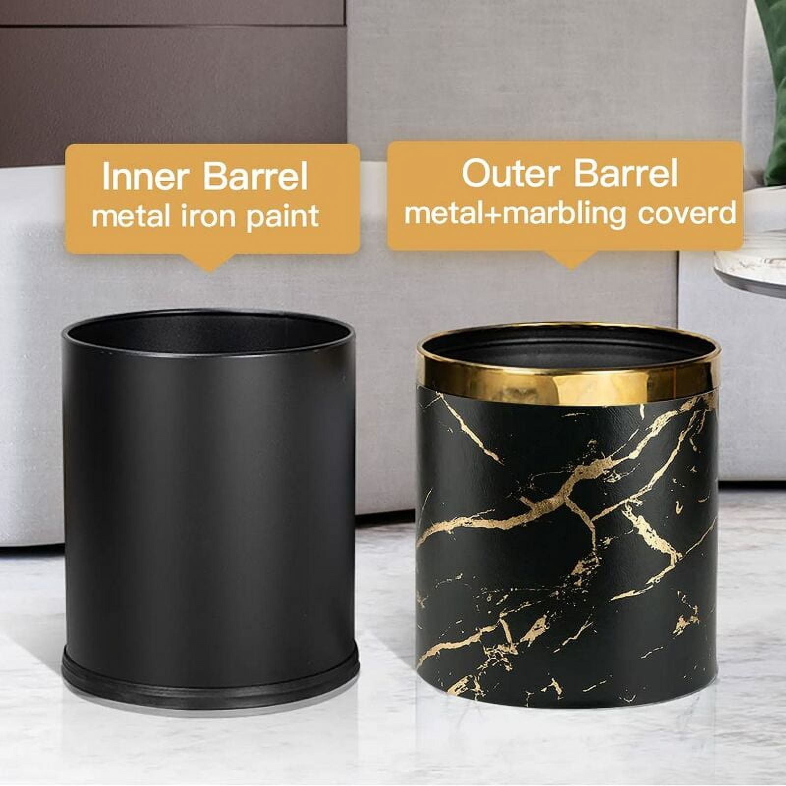 Double layered metal trash can, 10 liter marble textured trash can for bedrooms, bathrooms, living rooms, kitchens, offices, hotels (gold black marble)