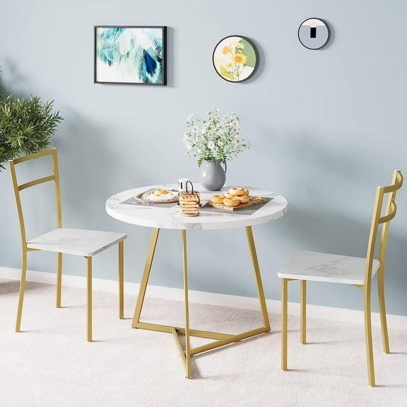 IDEALHOUSE Round Kitchen Table Set for 2, Dining Table and Chairs for 2, Modern Dining Room Table Set, Dining Table Set for Small Space, Apartment, Marble White and Gold