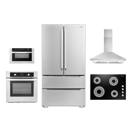 Cosmo 5 Piece Kitchen Appliance Package With 30  Electric Cooktop 30  Wall Mount Range Hood 24  Single Electric Wall Oven 30  Over-The-Range Microwave &amp; French Door Refrigerator