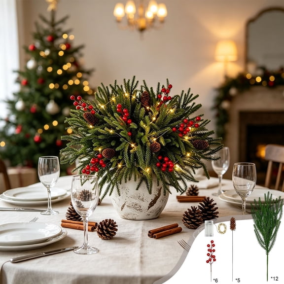Lilixerw Christmas Pine Branch Berry Pinecone LED Arrangement, Distressed White Vase, Warm Lights Set, for Table Decoration, Rustic Holiday Display