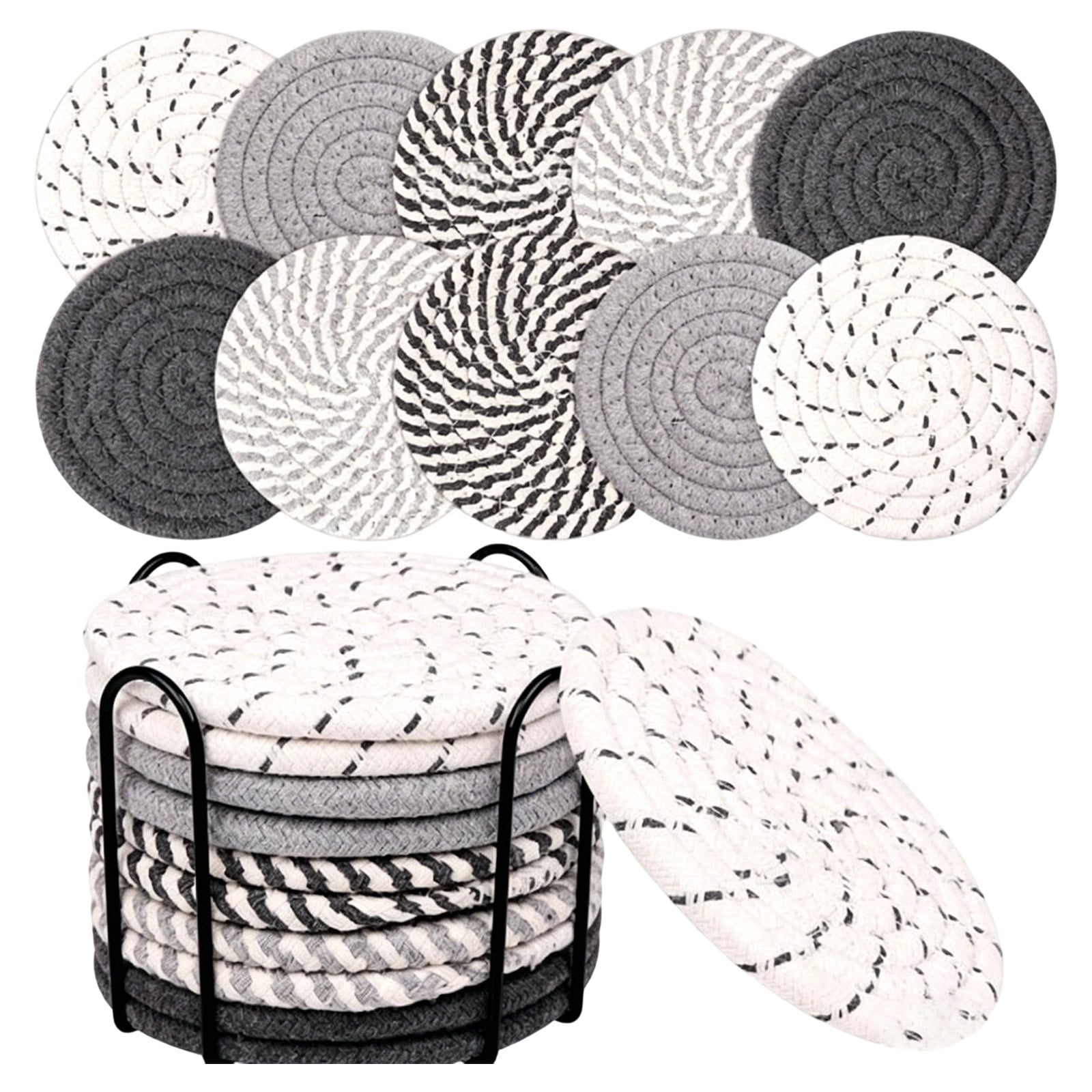 Absorbent Drink Coasters Set of 10 with Metal Holder Farmhouse Boho Round Woven Coasters for Coffee Table Kitchen Decor