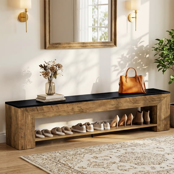 Finmind 71-inch Extra Long Entryway Shoe Bench with Storage, Farmhouse End of Bed Bench with 2 Shelves, for Hallway, Living Room, Rustic Brown & Black