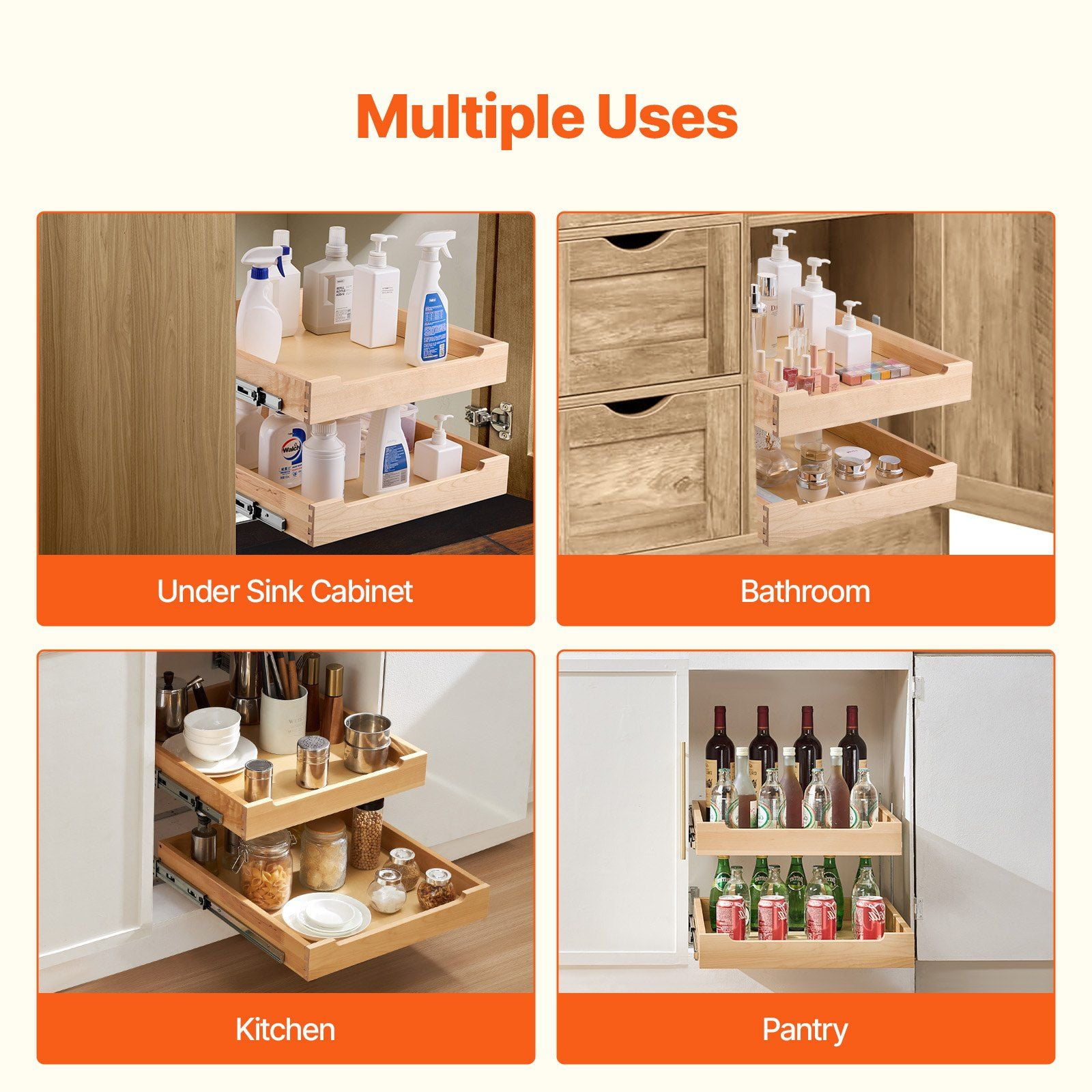 2 Tier Pull Out Cabinet Organizer with Soft Close Slides, Solid Birch Wood Drawer 20"W x 21"D, Adjustable Height Kitchen Storage Drawer for Base Cabinets, Under Sink & Pantry Organization