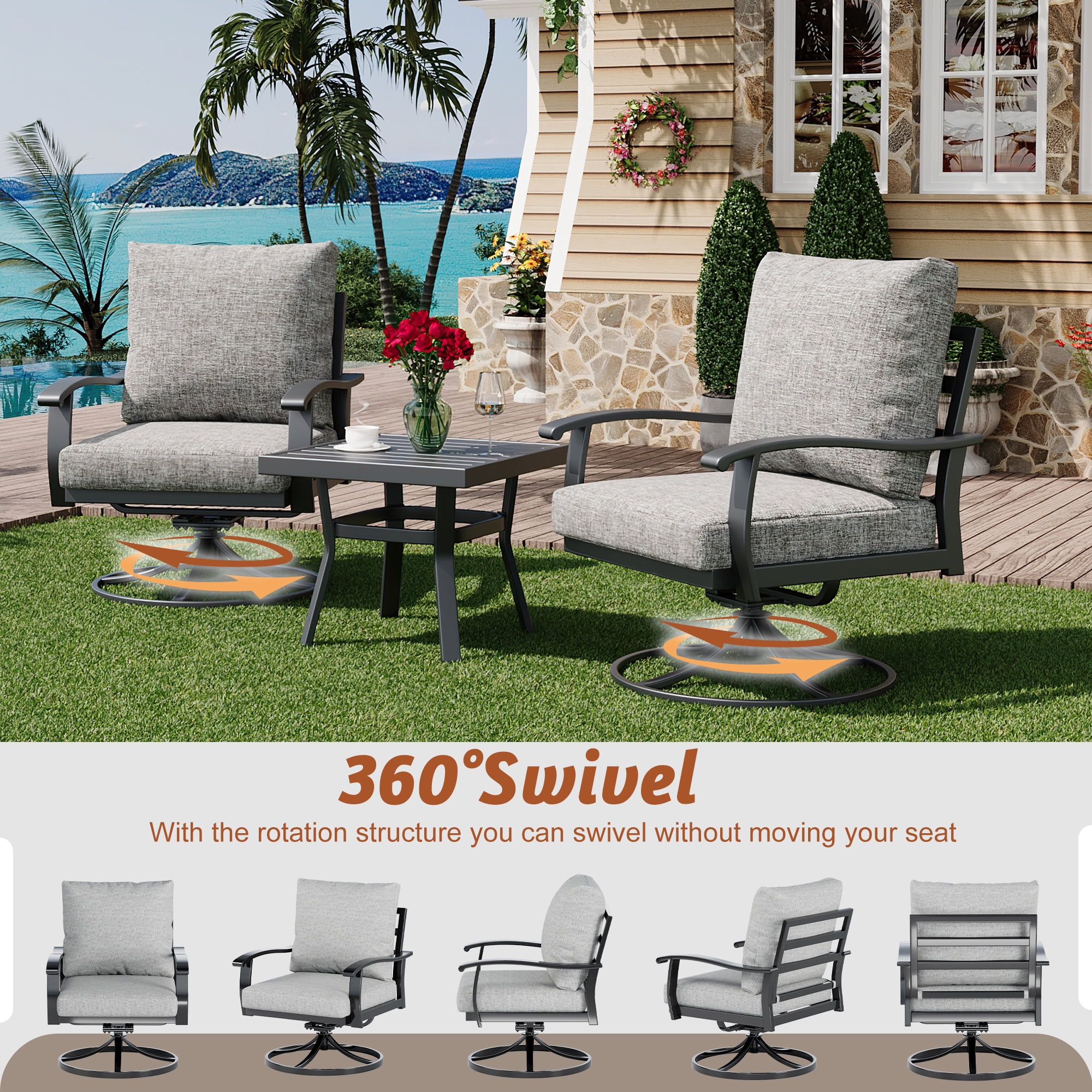 HOMREST Outdoor Furniture Thickened Cushion 360 Degree Swivel Rocking Patio Chairs and 3-Seat Sofa, Loveseat, Coffee Table, 5 PCS Metal Conversation Set for Garden, Deck and Poolside