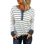 Chase Secret Women's Long Sleeve Striped Button Up Blouses Tops Waffle Casual Crew Neck Tunic Shirts Petite