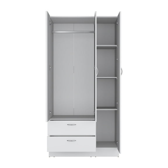 Newboti Furniture Wardrobe with 3 doors, one with mirror, two drawers, four shelves and hanging bar,White 45643