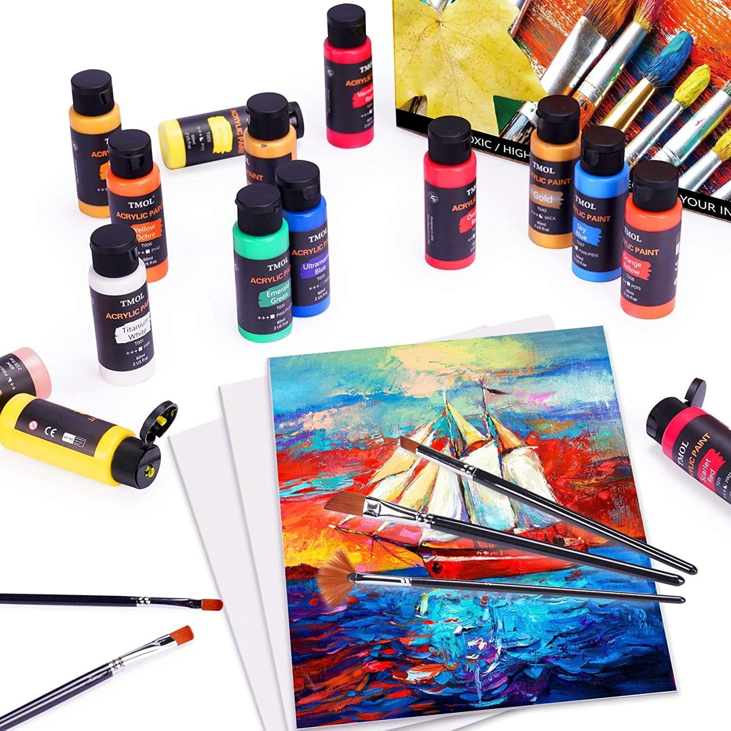 Acrylic Paint Set with 12 Art Brushes, 24 Colors (2 oz/Bottle