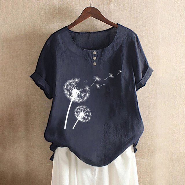 CHOK Hauts en Solde pour Femmes Boutons Col Rond Manches Courtes Imprimé Floral Boutons Coton Lin Vintage
