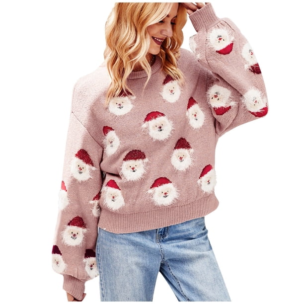 Sudadera de Mujer Gibobby Suéter de punto con patrón de cabeza de Papá Noel Lindo Pink M
