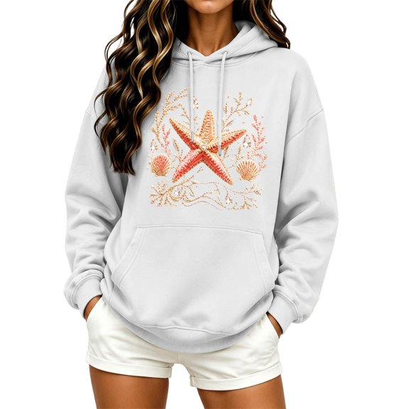 Arlun Ocean Creatures Graphic Hoodies for Womens Y2k Cute Animal Print Drawstring Hooded Sweatshirts for Girls Fashion Cozy Drop Shoulder Long Sleeve Pullovers White XL