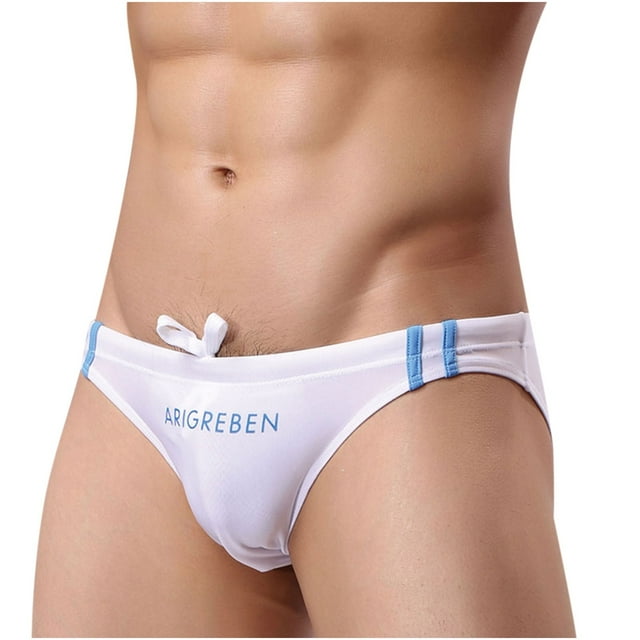 Lovskoo Panties Stretch for Men Low Waist Solid Color Striped Drawstring Spring Quick Dry Swimming Briefs White