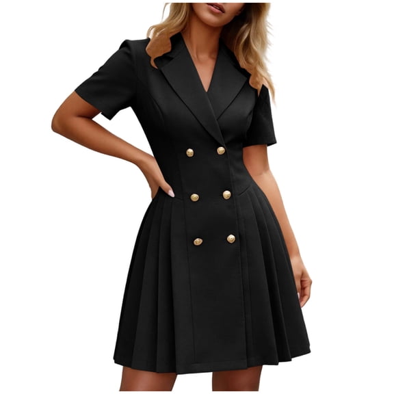 Dvprdro Womens Work Office Mini Dress Collared Short Sleeve Double Breasted Button Slim A Line Dress Solid