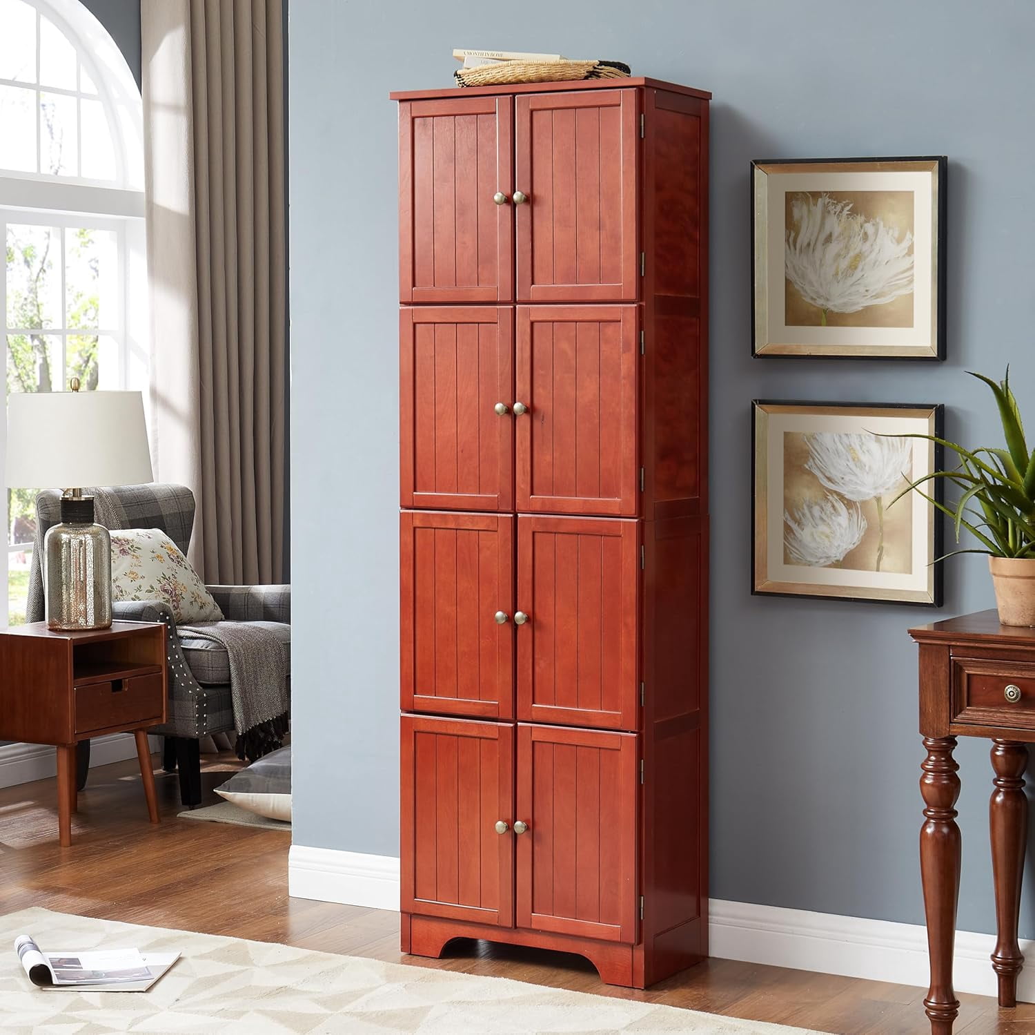 72" Tall Farmhouse Storage Cabinet, 4 Tier Kitchen Pantry Cabinet with 4 Shelves & 8 Doors, Freestanding Floor Storage Cabinet Wooden Organizer Bookcase for Living Room, Kitchen (Cherry)