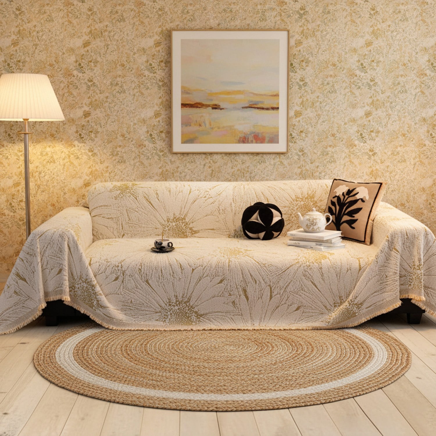 NAYOROOM Artistic Yellow White Sunflower Couch Cover, Chenille Sofa Cover Slipcover Sofa Towel Furniture Cover（71"x 118"）