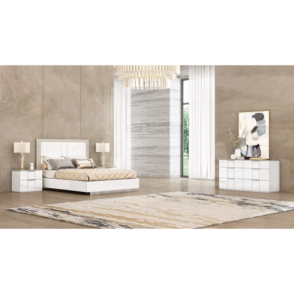 King Size Bed Frame - Rustic Romance Design, White & Taupe Finish, Stainless Steel Legs