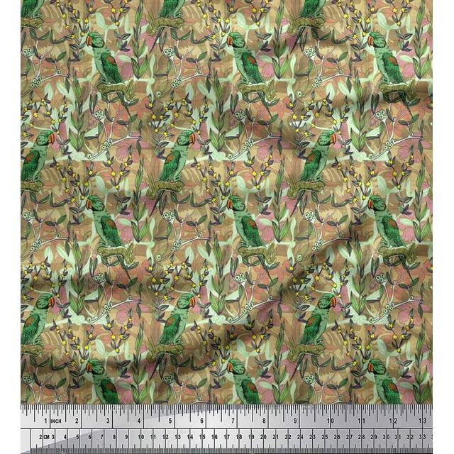 Soimoi Moss Georgette Fabric Leaves, & Parrot Bird Print Sewing Fabric Yard 42 Inch Wide