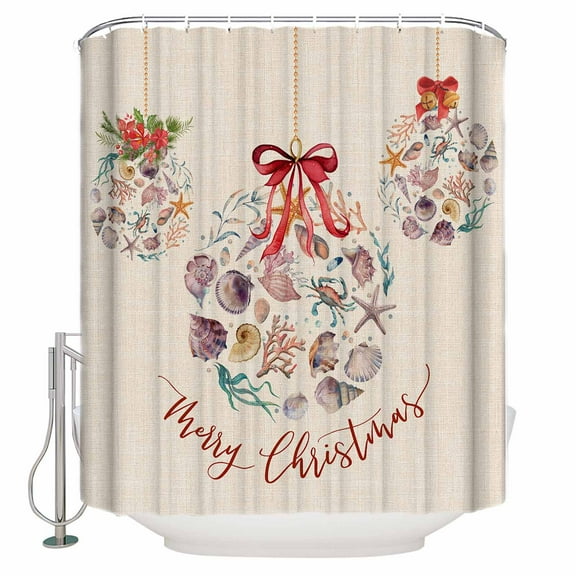 Fabric Shower Curtain, Merry Christmas Seashell Starfish Conch Xmas Bell Linen Bathroom Curtain with 12 Hooks Waterproof No Bad Odor Machine Washable Bath Curtains for Bathroom, Spa Room, 48"x72"