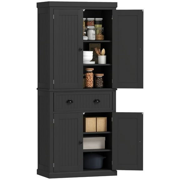 72" Kitchen Pantry Storage Cabinet, Cupboard with 4 Doors and 3 Adjustable Shelves, Large Central Drawer, Black