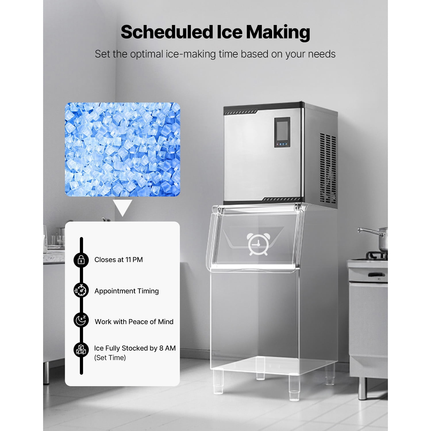 KFFKFF Commercial Ice Maker Machine - 300 Lbs/Day Stainless Steel with Programmable Ice Production, Self-Cleaning Function, Adjustable Ice Thickness, Suitable for Restaurants, Hotels - Head Only