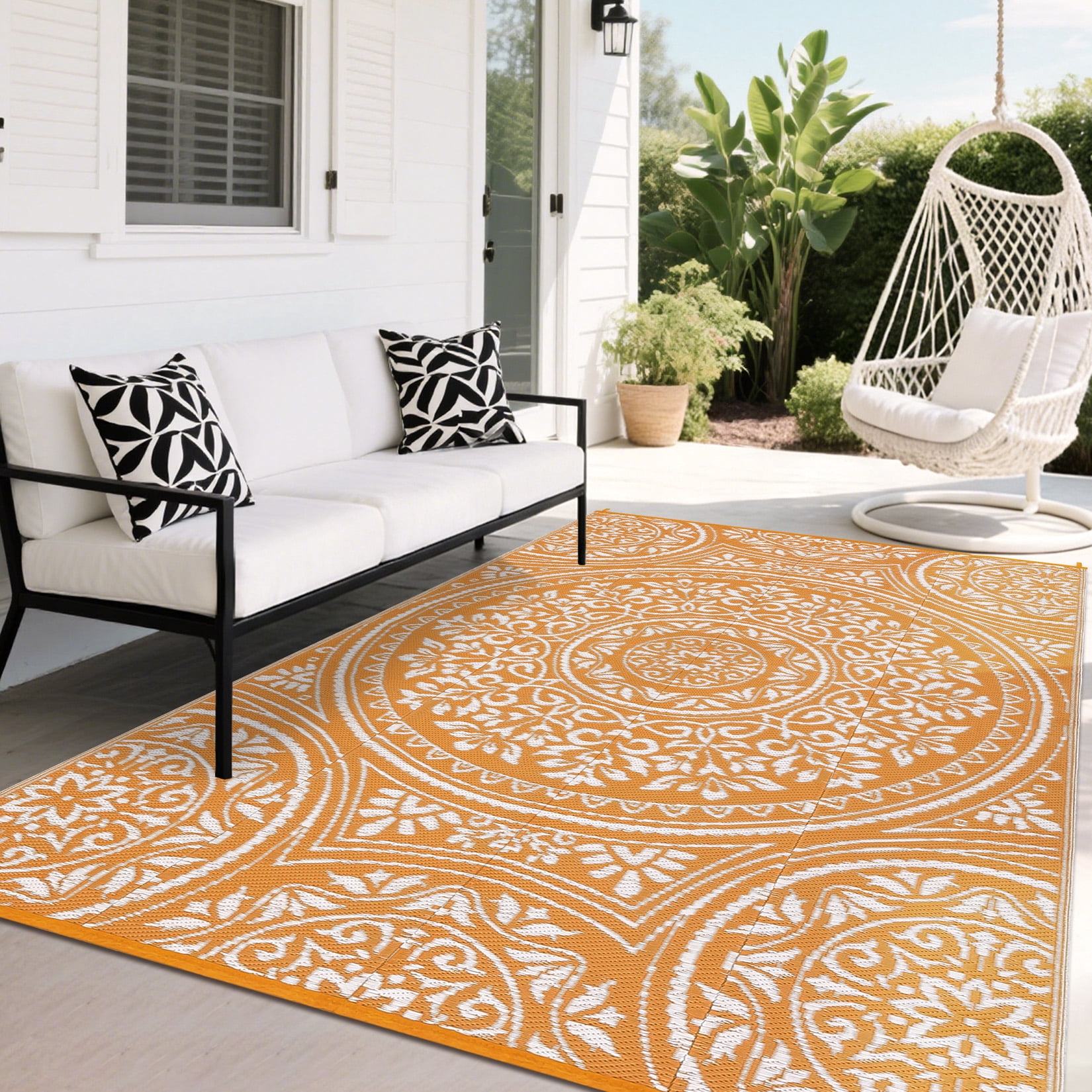 Garvee 9'x18' Waterproof Outdoor Rug Floral Reversible Outdoor Carpet, Plastic Straw Rug Portable RV Picnic Camping Mat for Garden Backyard Deck Balcony, Orange