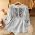 thumbnail image 2 of Ladies Blouses and Tops Dressy Women's Cotton Linen Blouse Button 3/4 Sleeve Shirts Summer Loose Crew Neck Casual Boho Tops Vintage Embroidered Flowy Blouse Tops Gray M, 2 of 9