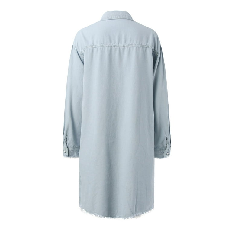 Fall Dresses For Women 2023 Midi Long Sleeve Denim Dress Vintage Distressed  Loose Jean Dress Button Down Casual Denim Shirt Dress With Pockets Blue S