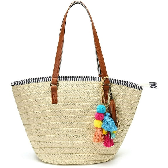 PIKADINGNIS Straw Beach Bags Tote Tassels Bag Hobo Summer Handwoven Shoulder Bags Purse With Pom Poms