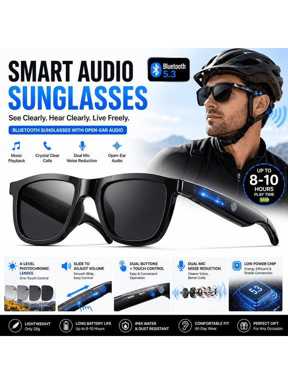 Wireless Smart Audio Sunglasses Bluetooth 5.3, Open Ear Headphones Glasses, Photochromic Lens, Noise Cancelling, Hands-Free Calls, Waterproof Sports Eyewear